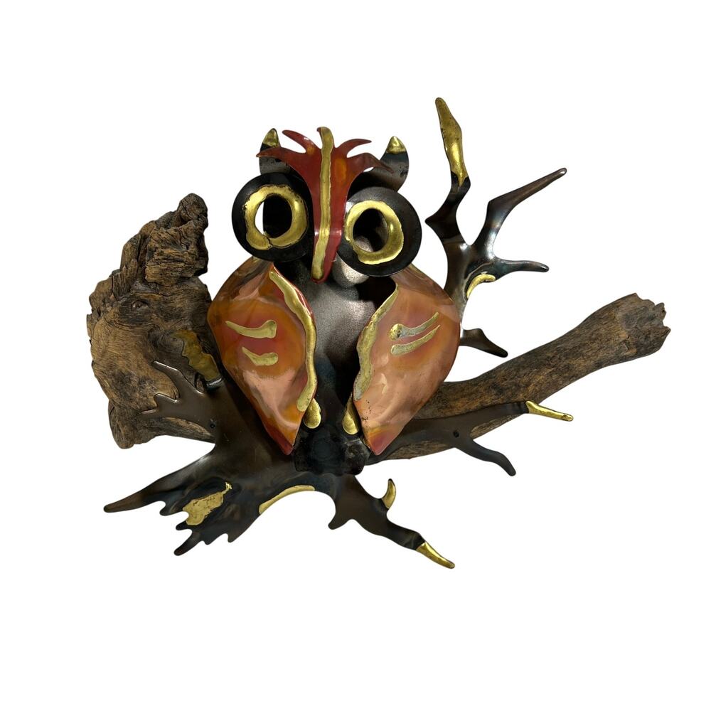 Metal Owl Sculpture on Driftwood Branch Rustic Boho Folk Art Bird Home Decor